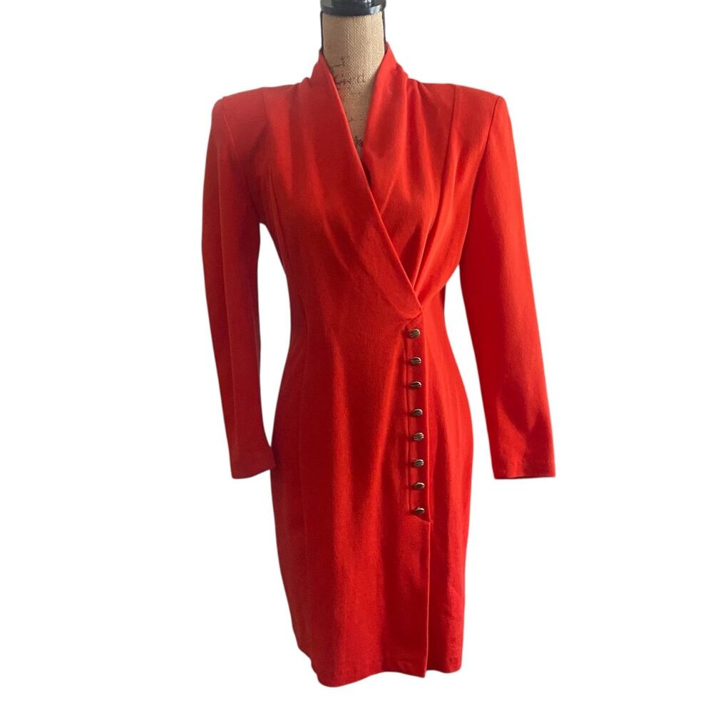 80s Bodycon Knit Dress 7 Red Orange Midi Long Sleeve Vintage Powersuit Career